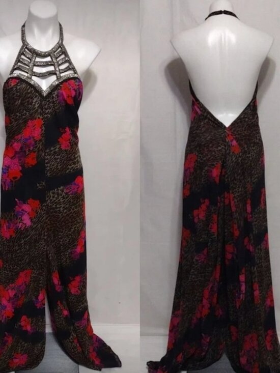 VENUS Pants - Venus Backless Halter Jumpsuit Floral Leopard Print Beaded Neck Size M
